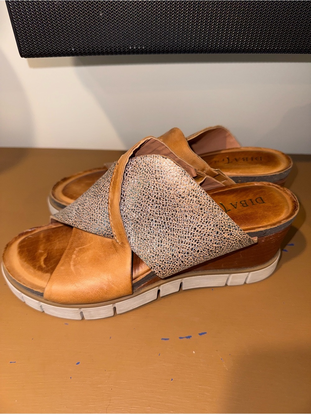 Diba True Women's Tan Leather Wedge Slide Sandals with Textured Metallic Strap